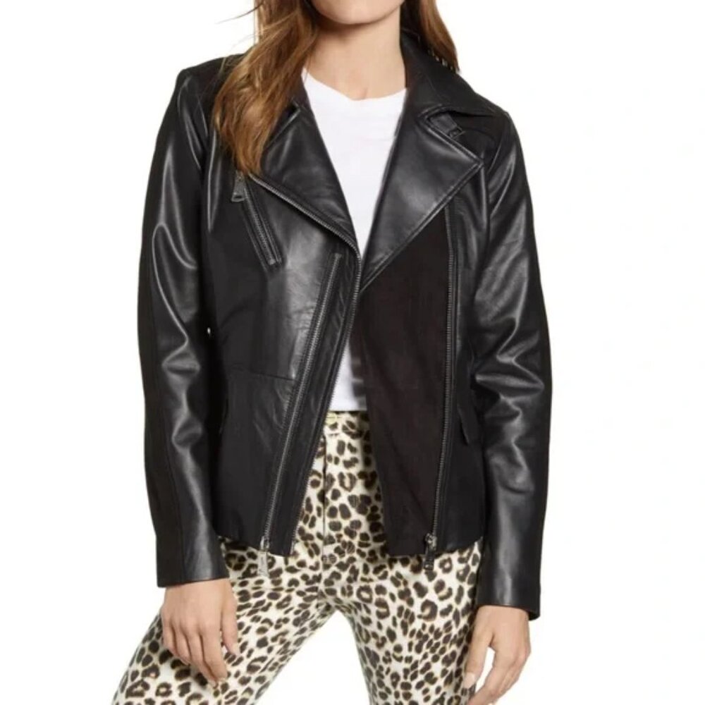 new BERNARDO Suede Detail soft genuine Leather Double zipper Moto Jacket - Picture 2 of 6